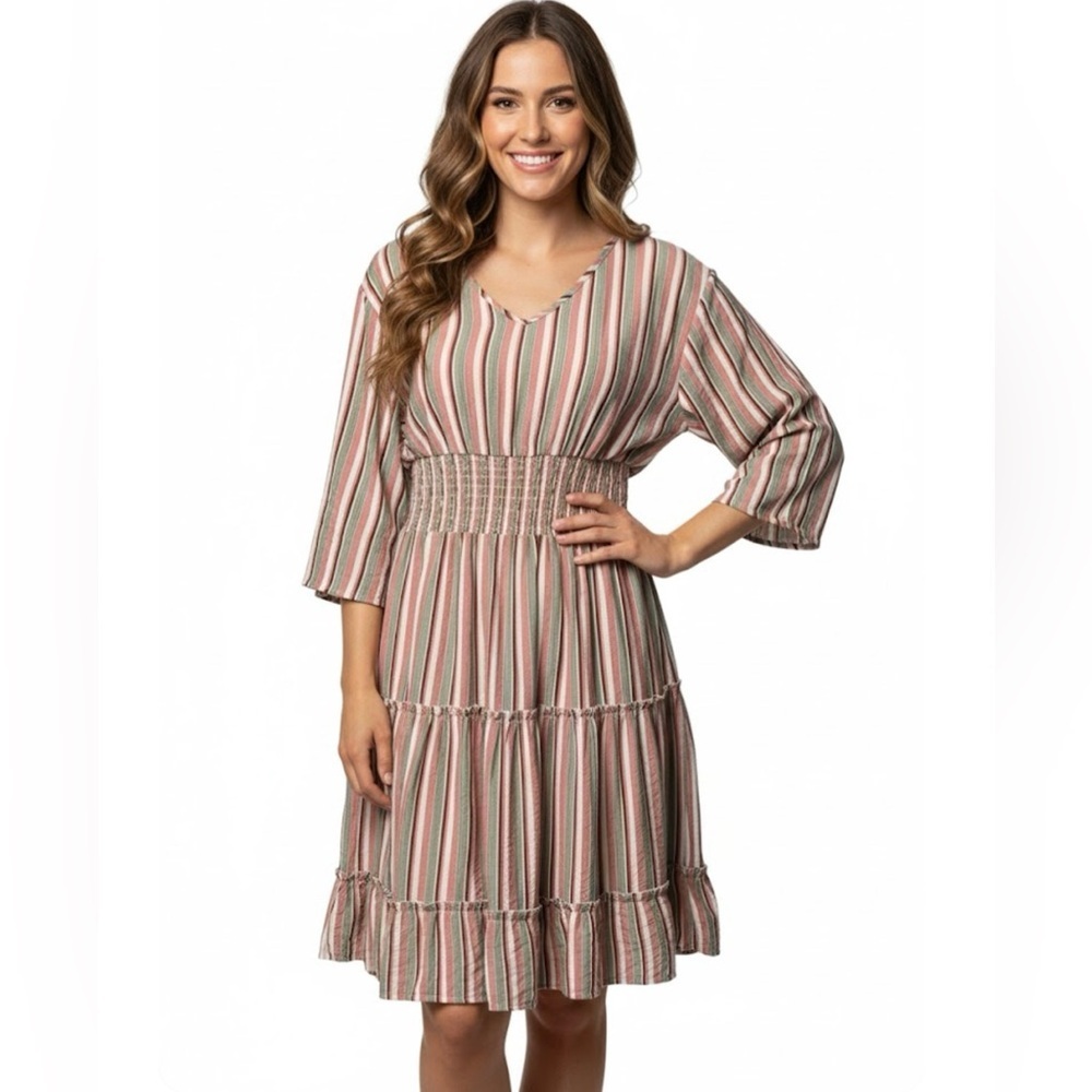 Boutique AndTheWhy Pink Vneck Striped Mini Dress Size Large
